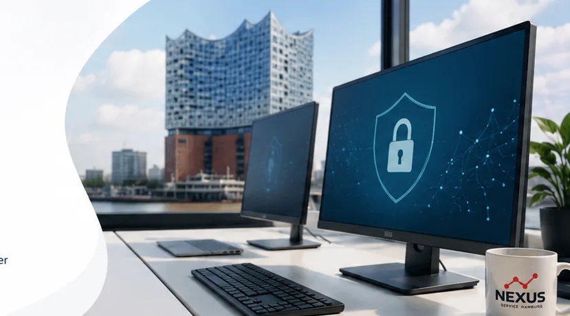 Zwei Monitore mit Schloss-Symbol für IT-Sicherheit an einem Arbeitsplatz, im Hintergrund die Elbphilharmonie in Hamburg